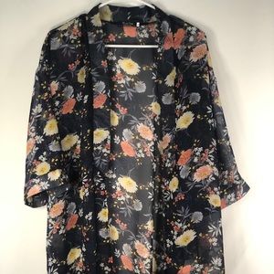 Open Front Sheer Cover Up Blue w/ Flowers